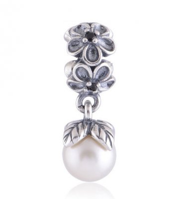 Sterling Silver White Pearl Viola Bloom Dangle Charm - fits European Beads Bracelets