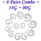 ~8 Pairs Combo~ White Acrylic Spiral Curved Taper Ear Stretcher Expander 14G~00G Piercing
