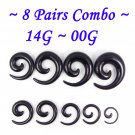 ~8 Pairs Combo~ Black Acrylic Spiral Curved Taper Ear Stretcher Expander 14G~00G Piercing