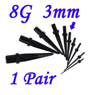 Pair 8G  3mm Black Acrylic Ear Tapers Stretchers Expanders Gauges