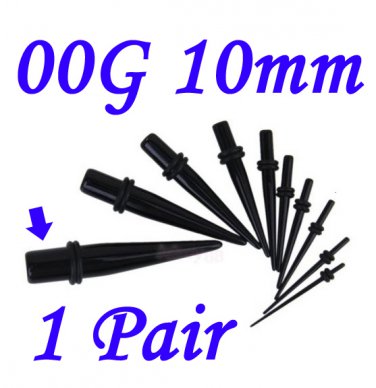 Pair 00G  10mm Black Acrylic Ear Tapers Stretchers Expanders Gauges