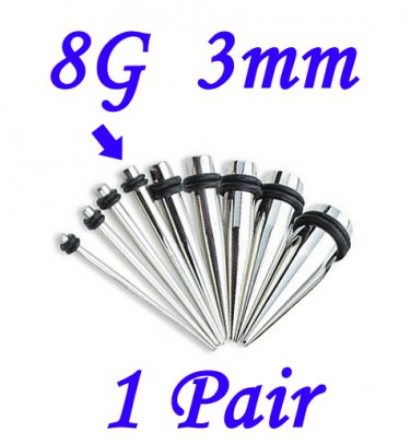 Pair 8G 3mm Solid 316L Surgical Steel Ear Tapers Stretchers Expanders Gauges