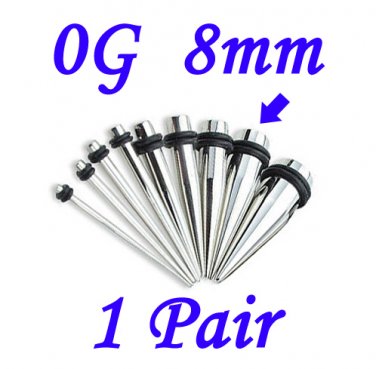 Pair 0G 8mm Solid 316L Surgical Steel Ear Tapers Stretchers Expanders Gauges