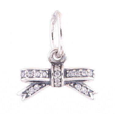 925 Sterling Silver Sparkling Bow w/ Clear CZ Dangle Necklace Pendant Charm