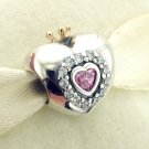 925 Sterling Silver w/ 14ct Pink Princess Heart Charm - fits Biagi/Pandora/Troll/Bracelets