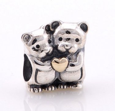925 Sterling Silver 14ct Gold Heart Bear Hug Charm - fits Biagi/Pandora/Troll/All European Bracelets