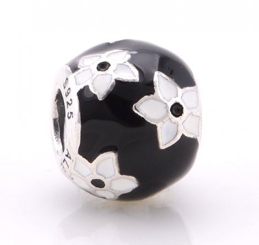 925 Sterling Silver Mystic Black & White Flower Charm - fits European Beads Bracelets