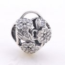 925 Sterling Silver Floral Heart Padlock Charm - fits European Beads Bracelets