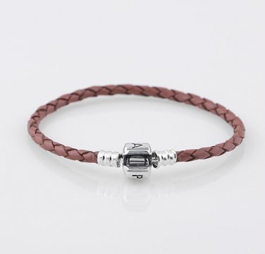 Sterling Silver Single Brown Woven Leather Beads Bracelet - fits European Beads Charms