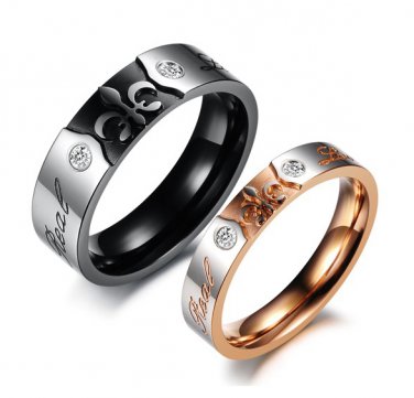 Set of Fleur De Lis Stainless Steel Engraved "Real Love" Couple Promise Wedding Rings Band