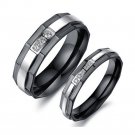 Set of Black Stainless Steel Faceted Brush Finish CZ Inlaid Couple Wedding Ring Band