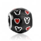 925 Sterling Silver Mickey & Hearts w/ Black Enamel Bead Charm