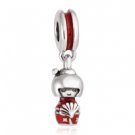 925 Sterling Silver Red Enamel Japanese Doll Pendant fits European Beads Bracelets