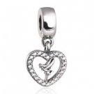 925 Sterling Silver Tinkerbell Heart w/ Clear CZ Dangle Pendant Charm
