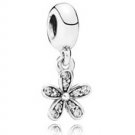 925 Sterling Silver Floral Daisy w/ Clear CZ Dangle Pendant Charm