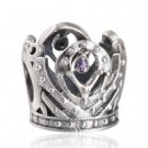 925 Sterling Silver Openwork Anna Princess Crown w/ Purple CZ Charm Bead