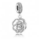 925 Sterling Silver Shimmering Rose Openwork Dangle Pendant Charm