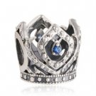 925 Sterling Silver Openwork Elsa Crown w/ Blue CZ Charm Bead