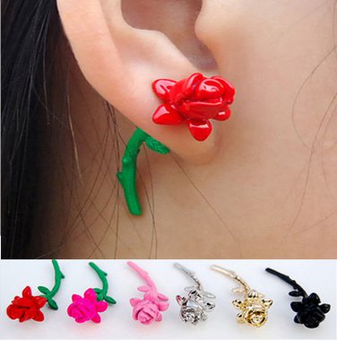 Pair 3D Rose Flower Stud Fake Gauge Earrings - Cool Rock Punk Metal Korean Style