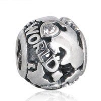 925 Sterling Silver Openwork Around The World w/ Clear CZ Charm Bead