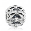 925 Sterling Silver Openwork Shimmering Sentiments Bow w/ Clear CZ Charm Bead