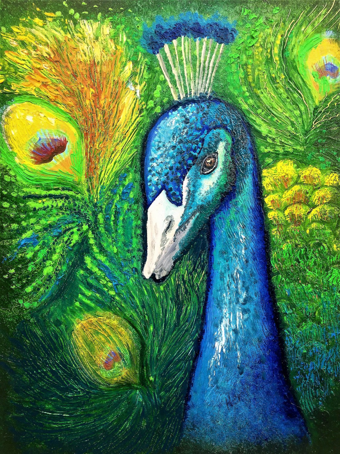 Peacock courting when displaying his colorful plumage Oil painting