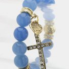 Blue Crystal Cross & Heart Charms Stretch Bracelet (S)