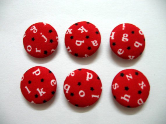 FABRIC BUTTONS - 1 INCH BUTTONS - ALPHABET PRINT ON RED SET OF 50