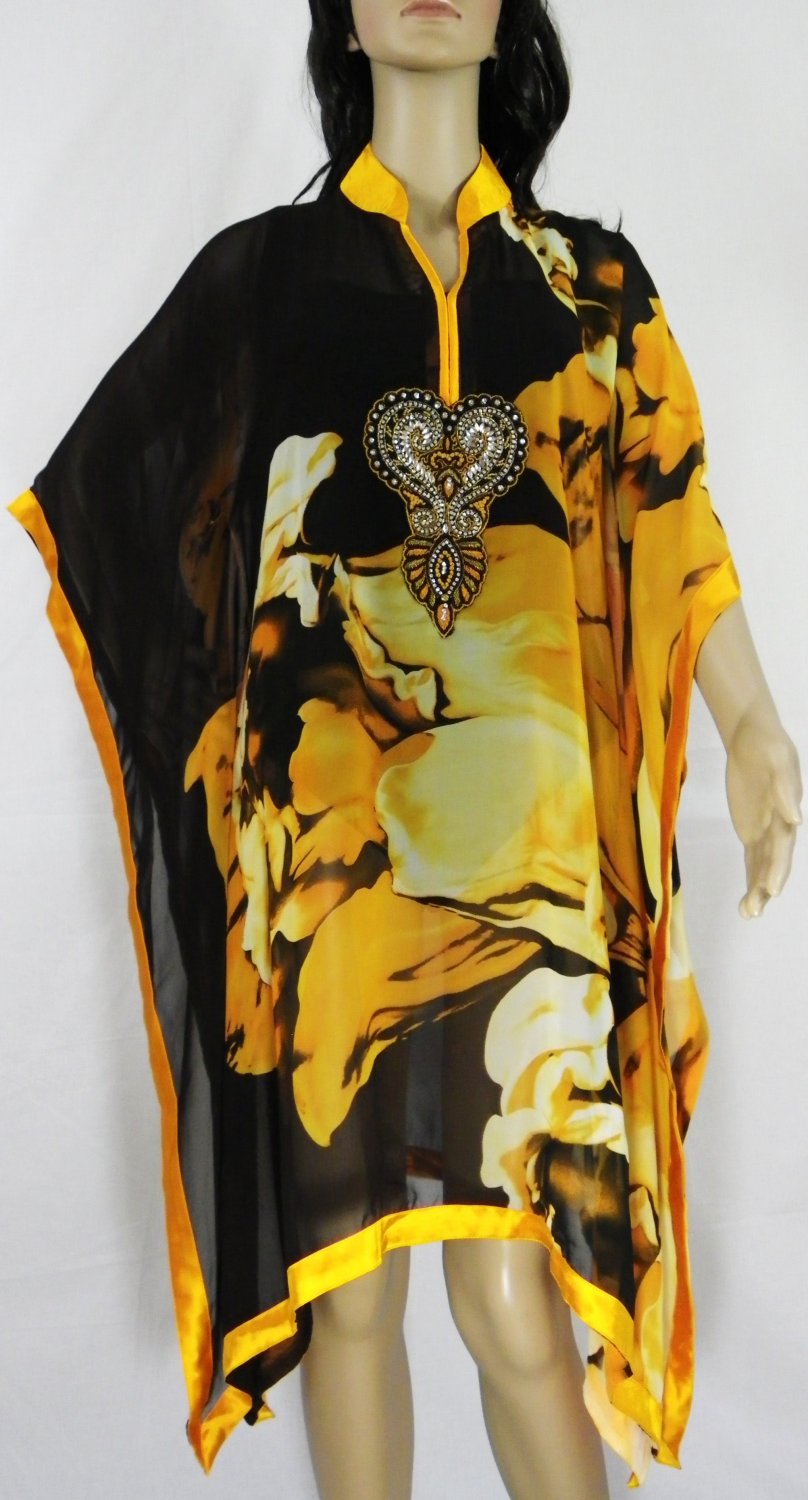 Yellow Abstract High Collar Long Kaftan main image 1