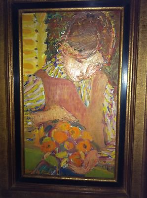 Helene Girod De L'Ain orignal signed oil painting "fillette aux oranges" 1968