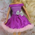 Barbie Doll Size Clothes Fuscia Pink Shimmering Short Party Dress Bow Faux Fur Trim BDCDML2