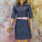 Barbie Doll Size Clothes Dark Blue Denim Knee Length Dress Pink Stitching Belt BDCDML4