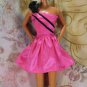Barbie Doll Clothes Bright Candy Pink Satin Like Short Dress Large Black Bow Tag BDCDS8