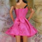 Barbie Doll Clothes Bright Candy Pink Satin Like Short Dress Large Black Bow Tag BDCDS8