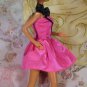 Barbie Doll Clothes Bright Candy Pink Satin Like Short Dress Large Black Bow Tag BDCDS8