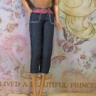 Barbie Doll Size Clothes Dark Blue Denim Capris Pants with Pink & Silver Attached Belt BDCCAP1