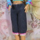 Barbie Doll Size Clothes Dark Blue Denim Capris Pants Pink Ribbon Fringed Cuffs BDCCAP3