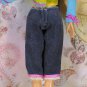 Barbie Doll Size Clothes Dark Blue Denim Capris Pants Pink Ribbon Fringed Cuffs BDCCAP3