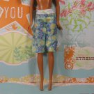 Barbie Doll Size Light Blue and Green Long Beach Shorts Flowers White Band Pink Tag BDCSH3