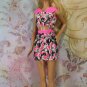 Barbie Doll Size Hot Pink Black White 2 Piece Floral Cotton Skirt & Tank Top BDCSET3