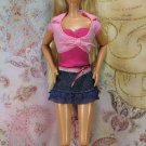 Barbie Doll Size 2 Tone Pink Short Sleeve Top Blue Denim Mini with Pink Belt Set BDCSET7