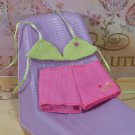 Barbie Doll Clothes Pink Cotton Shorts & Green Knit Bikini Top Floral Graphic BDCSET8