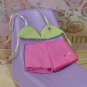 Barbie Doll Clothes Pink Cotton Shorts & Green Knit Bikini Top Floral Graphic BDCSET8