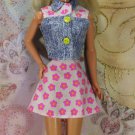 Barbie Doll Clothes Acid Wash Top White Pink Flowers A line Skirt Set Tagged BDCSET10
