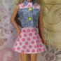 Barbie Doll Clothes Acid Wash Top White Pink Flowers A line Skirt Set Tagged BDCSET10