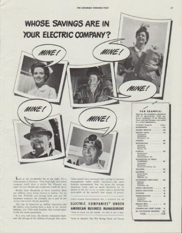 1942 Electric Companies Ad "Whose savings are in your electric company?"