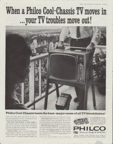 1961 Philco Ad "Philco Cool-Chassis TV moves in ... your TV troubles move out!"