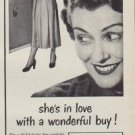 1950 Pequot Sheets Ad "she's in love with a wonderful buy !"