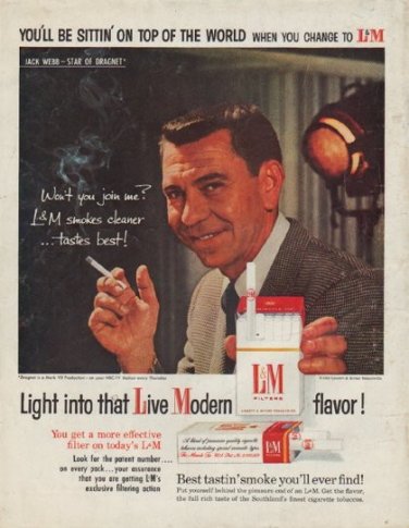 1958 L&M cigarette Ad "Jack Webb -- Star of Dragnet"