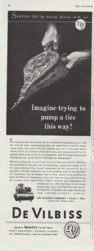 1948 DeVilbiss Ad "Imagine trying to pump a tire this way!"